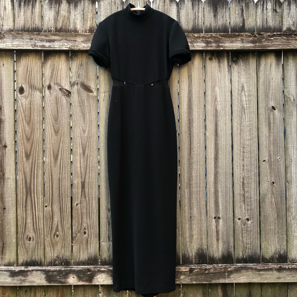 Vintage 90s Night Way Collections Maxi Dress Mesh Cutout Size 6 Black Crepe
